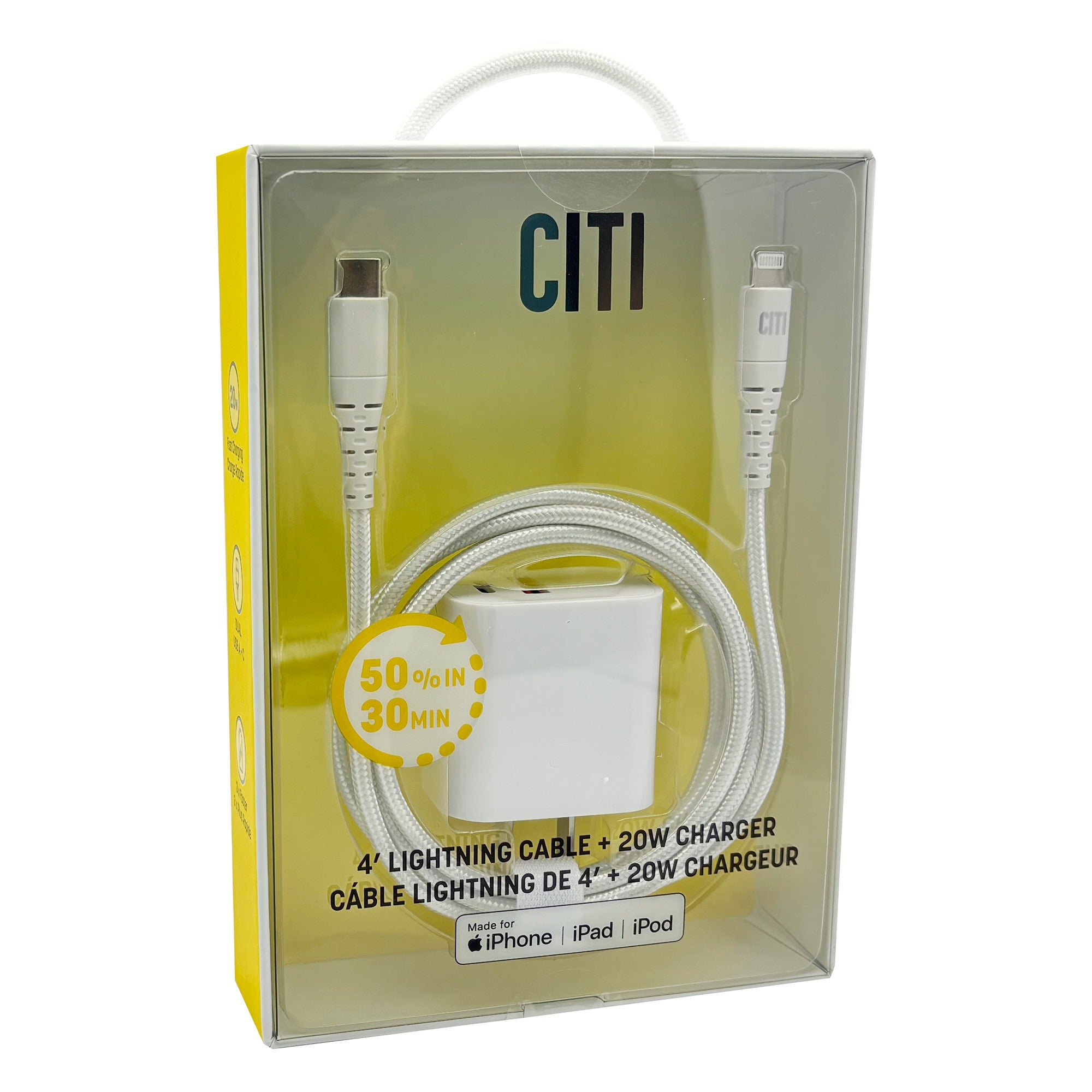 CITI 4FT USBC to Lightning cable+Dual USB A+C 20W Wall adaptor